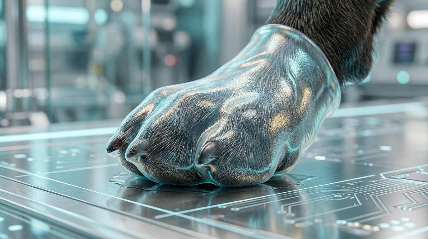 Dog paw protected by transparent biopolymer shield